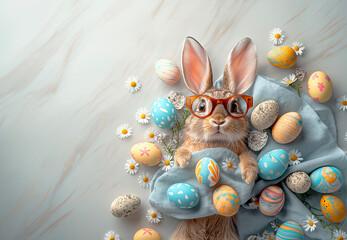 An Easter still life is brought to life with colorful eggs snuggled in a spring basket, bright flowers surrounding it, and a joyful bunny wearing eyeglasses.