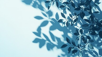 Wall Mural - Azure Botanical Shadows: Serene blue backdrop kissed by the intricate shadows of delicate leaves