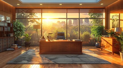 Wall Mural - Modern office interior with wooden furnishings and sunlight streaming through large windows at sunset