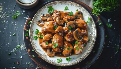 Wall Mural - Chicken breast with mushrooms and parsley on a white plate