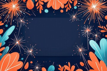 Poster - Festive Background with Orange Fireworks and Leaves.