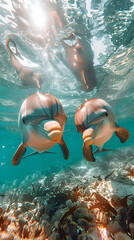 Wall Mural - Pair of Amazon Pink River Dolphins swimming side by side, with sunlight filtering through the water