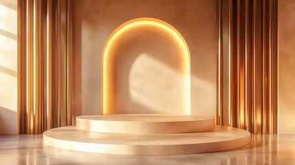 Golden Hour Glow: Minimalist pedestal in an arched alcove bathed in warm sunlight