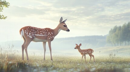 Wall Mural - Mother Deer and Fawn in a Foggy Meadow