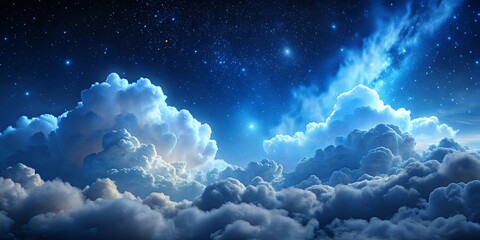 Wall Mural - Fluffy volumetric clouds at night against a dark blue sky with stars background, volumetric clouds, night sky