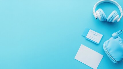 Canvas Print - Blue Headphones, Bag, and Card on a Blue Background