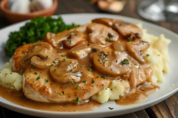 Wall Mural - Chicken breast with mushrooms and parsley on a white plate