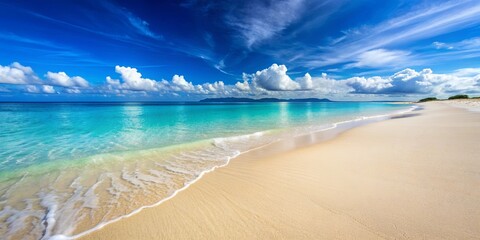 Sticker - Sandy beach with smooth white sand and clear blue water, beach, sand, ocean, summer, coast, shore, vacation, relaxation