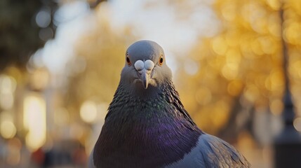 Poster - Close-Up Portrait of a Pigeon in a Golden Bokeh Background