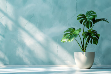 Wall Mural - Minimalistic light background with blurred Monstera Deliciosa plant pot shadow on a light wall