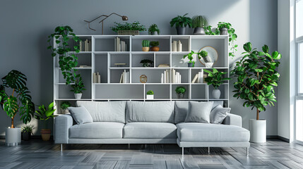 Wall Mural - Modern Minimalist Living Room Interior Design Featuring a White Square-Spaced Bookshelf, Grey Sofa, and Plants