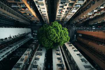 Wall Mural - A tree is growing in the middle of a city. The tree is surrounded by tall buildings and is the only green thing in the image. Concept of hope and resilience, as the tree is able to grow