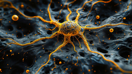 Poster - Closeup of Isolated Neural Cell with Intricate Yellow Outlines in Detailed Pattern, Nervous System Cell Structure, Scientific Visualization, Neuroscience Research, Microscopic Imaging