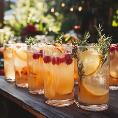 Glasses of peach juice, fizzy soda, and sparkling water with lemon, served at a garden party, juice soda water, refreshing and festive