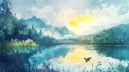 Canvas Print - Serene Mountain Lake Landscape with a Bird in Flight