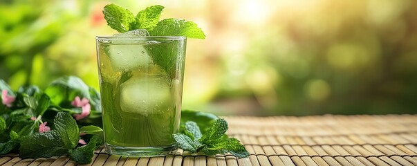 Iced green tea with fresh mint, set on a bamboo mat with a zen garden backdrop, soft drink beverage, calm and refreshing