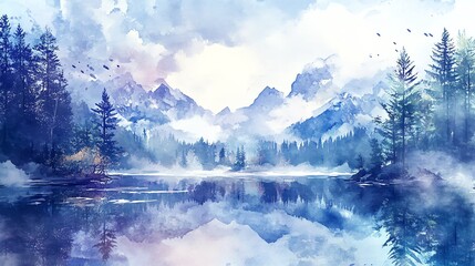 Poster - Tranquil Mountain Lake in Watercolor