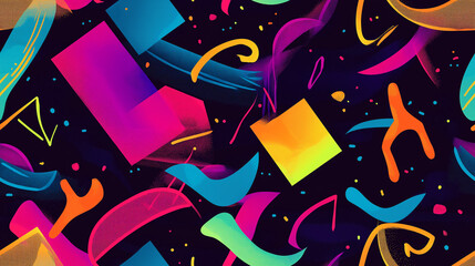 Wall Mural - Colorful seamless pattern with neon shapes and lines on a dark background. Great for futuristic designs, party themes, and digital artwork with a vibrant, energetic vibe.