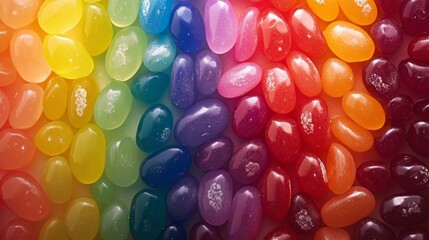 Leinwandbilder - Close-up of a rainbow assortment of jelly beans, showing their glossy finish and vibrant, translucent colors