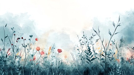 Poster - Watercolor Painting of Flowers and Grass