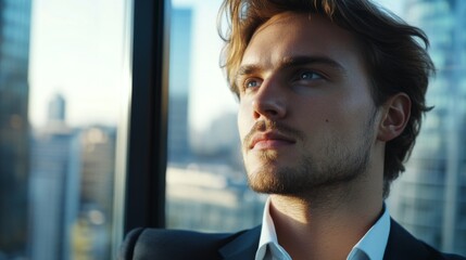 Fototapete - Close-up of a young business leader with a clear, thoughtful expression, looking out of a modern office window with city view