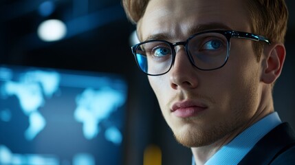 Aufkleber - Close-up of a young businessman with a clear, confident expression, discussing strategy in a high-tech conference room