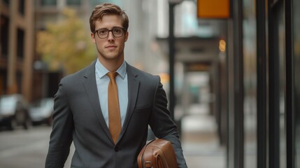 Close-up of a young male business professional with a confident stance, dressed in a suit, and holding a briefcase in an urban setting