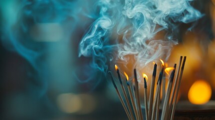 Aufkleber - Close-up of smoke from incense sticks, swirling gracefully in the air, with soft lighting emphasizing the delicate movement