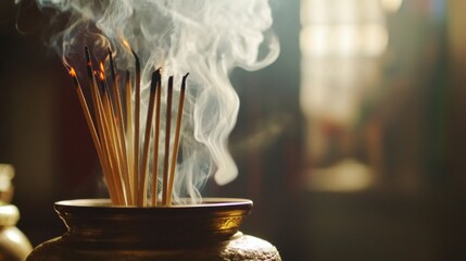Aufkleber - Close-up of smoke from incense sticks, swirling gracefully in the air, with soft lighting emphasizing the delicate movement