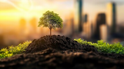 Sticker - A small tree sapling growing out of the ground with a city skyline in the background.