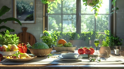 Healthy food on the kitchen table against the background of the window