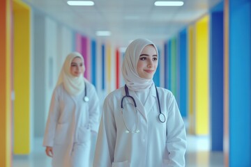 Two women wearing white lab coats walk down a hallway