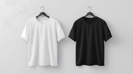 A man's white shirt and black shirt are hanging on the wall.