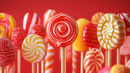 Leinwandbilder - Detailed view of a variety of lollipops with different shapes and colors, emphasizing their glossy and textured surfaces
