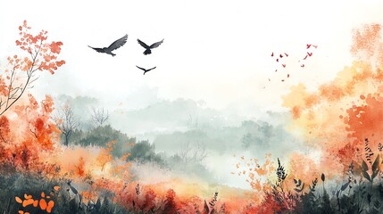 Poster - Watercolor Painting of Autumn Landscape