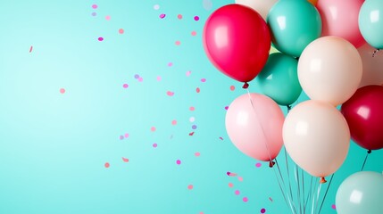 Colorful balloons and confetti on a bright teal background. Perfect for celebrations, parties, and festive occasions.