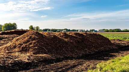 Biomass Energy from Agricultural Waste A farm with piles of agricultural waste such as corn husks and straw being prepared for biomass energy conversion to renewable heat and power