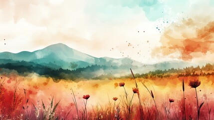 Poster - Watercolor Mountain Landscape with Flowers