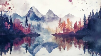 Wall Mural - Watercolor Mountain Lake Scene