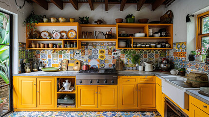 Wall Mural - A colorful kitchen with bright yellow cabinets, open shelving, and a mix of patterned tiles. The space is vibrant and eclectic, with a playful design that feels both fun and functional.