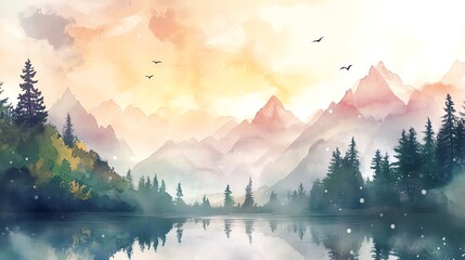 Wall Mural - Peaceful Watercolor Mountain Landscape