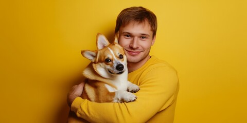 Joyful European Man Embracing Adorable Corgi: Abstract AI-Generated Design for Pet Love and Companionship. Vibrant Yellow Studio Background Perfect for Marketing, Book Illustrations, and Graphic Desig