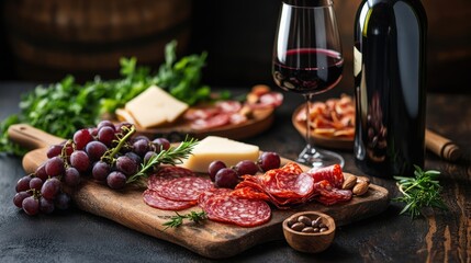 Wall Mural - A table with a variety of food and a bottle of wine