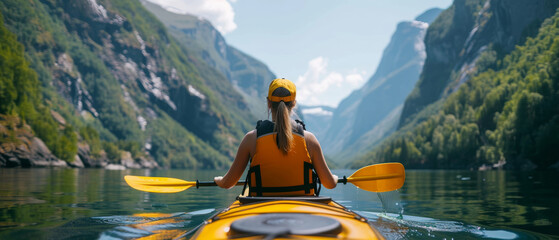 Poster - A woman paddles through the serene fjords of Norway, surrounded by breathtaking landscapes on her adventurous getaway