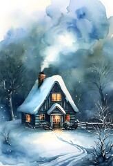 Snow-covered cottage in a cozy and serene winter scene in watercolor style