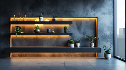 Wall Mural - A sleek, floating wall shelf in a modern living room, finished in matte black with integrated LED lighting underneath. The shelf is adorned with minimalistic decor items and small potted plants.