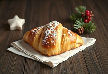 Wall Mural - christmas breakfast croissant on a napkin dark wooden