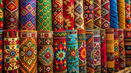 Poster - Vibrant, intricately patterned traditional fabrics from diverse cultures are neatly rolled and artfully displayed, showcasing a kaleidoscope of colors and designs for fashion and home decor 