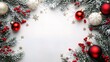 © CLOVER BACKGROUND - Festive Christmas Border: A winter wonderland scene with frosted pine branches, red and white baubles, golden stars, and red berries adorns the edges of a crisp white background.