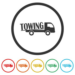 Sticker -  Tow truck icon. Set icons in color circle buttons